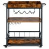 Modern Industrial Metal Wood Rolling Kitchen Wine Rack Bar Serving Cart