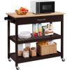 Dark Brown Kitchen Island Cart w/ Wood Top 2-Shelves Drawer and Locking Wheels